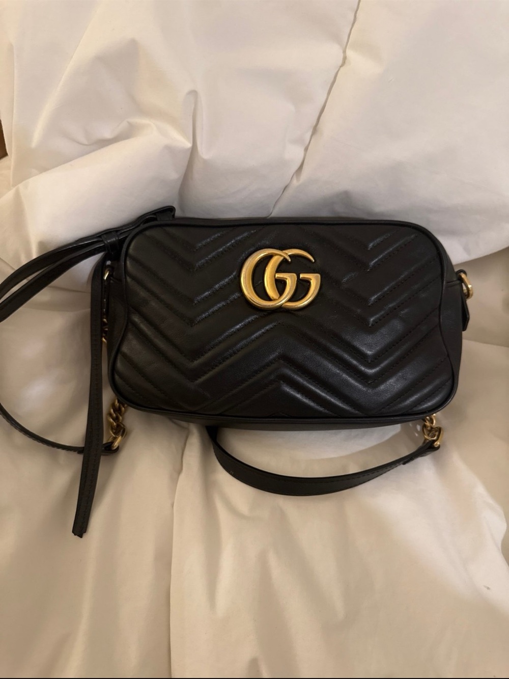 Gucci Black Leather GG Chevron Crossbody Bag with Gold Hardware